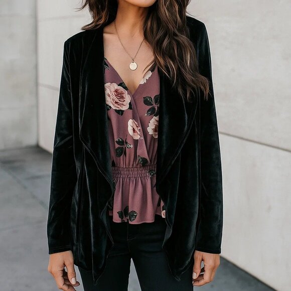 Relativity Black Velvet Waterfall Open Front Dark Fairy Winter Elegant Cardigan - Picture 1 of 9